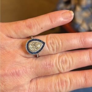 Elegant Silver and Blue Teardrop Ring 2 Carat Moissanite GRA certified